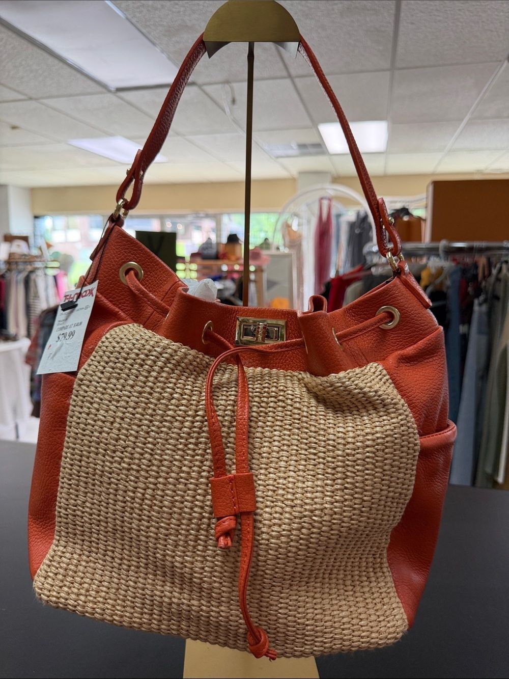 Textured Straw-Front Hobo Bag in Orange